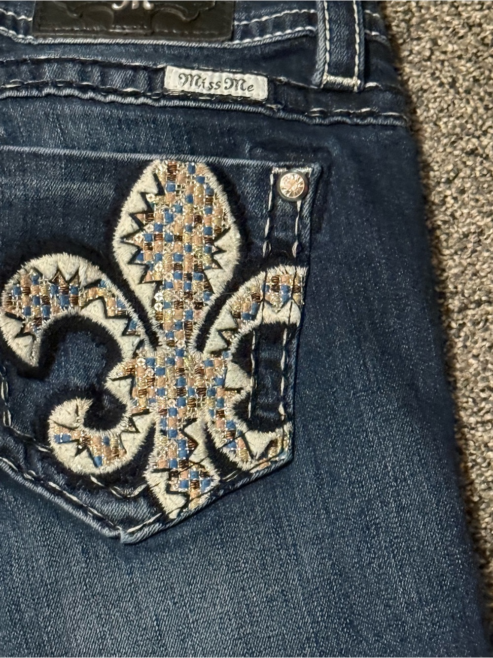 Miss Me Dark Blue Boot Cut Jeans with Embroidered Fleur-de-Lis 29x32 (hemmed)